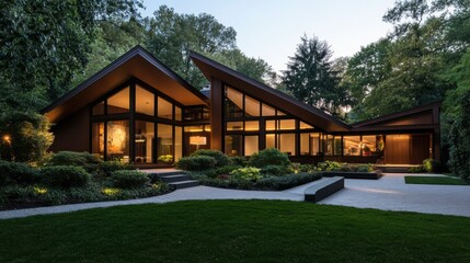 A modern house with angular architecture, surrounded by greenery, illuminated at dusk, showcasing an elegant design and landscaped yard.