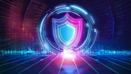A vibrant, futuristic digital landscape featuring a shield emblem, symbolizing protection and security in a neon, tech-inspired environment.