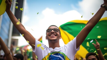 A joyous man celebrates Brazilian Independence Day under a bright sky, his arms raised in triumph, symbolizing freedom and national pride.