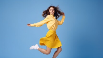 A young woman in a yellow dress joyfully leaps into the air against a blue backdrop, capturing a moment of exuberance and freedom.