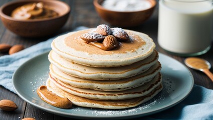 Coconut flour pancakes with almond butter closeup