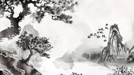 Obraz premium Jiangnan landscape natural scenery, Chinese style ink natural scenery concept illustration