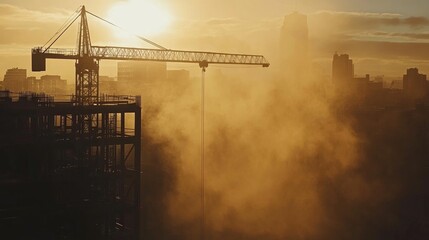 Construction Crane Silhouette Against Golden Sunrise Over City Skyline