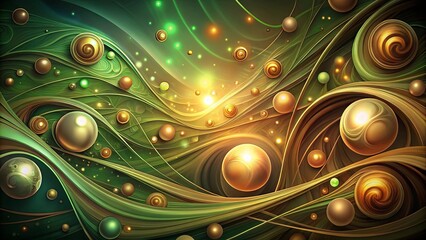 Abstract swirling spheres in an ethereal space of gold, green, and light