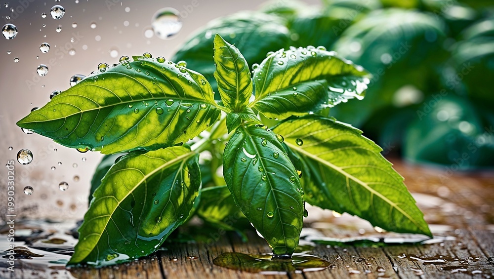 Poster Fresh basil leaves with water droplets closeup