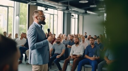 A speaker addresses a room full of attentive listeners during a conference, with an audience composed of diverse individuals engaged in the presentation.