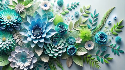 A delicate arrangement of paper flowers and leaves in shades of blue and green, creating a serene and elegant floral design.