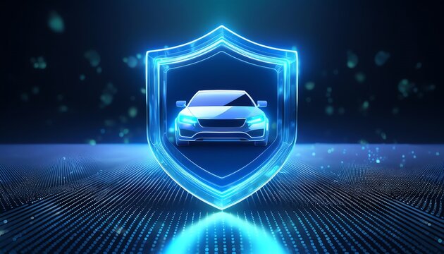 A blue digital shield surrounds a car, symbolizing cyber security and protection in the automotive industry.