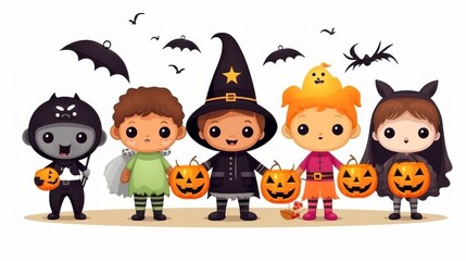 Animated children in Halloween costumes hold pumpkins, embodying the spirit of Halloween with their playful and cute appearance.