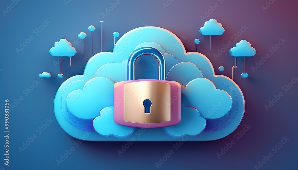 Wall mural a digital illustration of a cloud with a padlock, symbolizing cloud security and data protection.