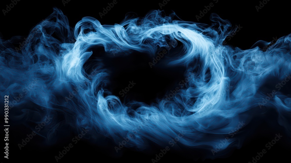 Poster smoke swirl in blue color on a black background, creating a mystical and captivating effect.