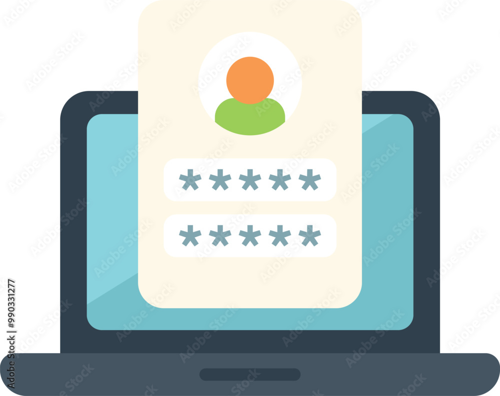 Poster laptop is showing a user profile with password protection, emphasizing online security measures