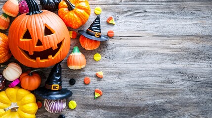 A festive flat-lay banner showcasing Halloween decorations, Jack-o-lantern molds, and witch hat cookies with ample copy space for text