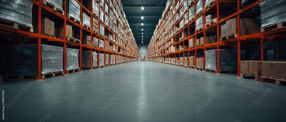 Poster spacious modern warehouse with organized shelving and clear pathways for efficient storage and logis