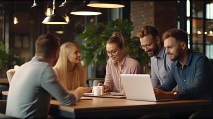 A team of business professionals interacts positively around a laptop in a modern office, reflecting a collaborative and innovative work environment.