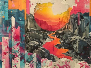 Abstract Landscape Collage with Sunset and River