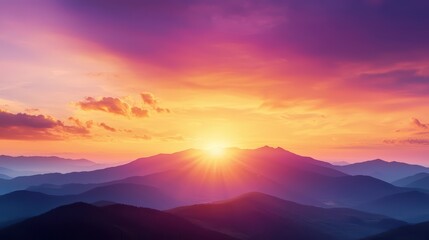 Stunning mountain landscape at sunrise with vibrant colors and dramatic sky.