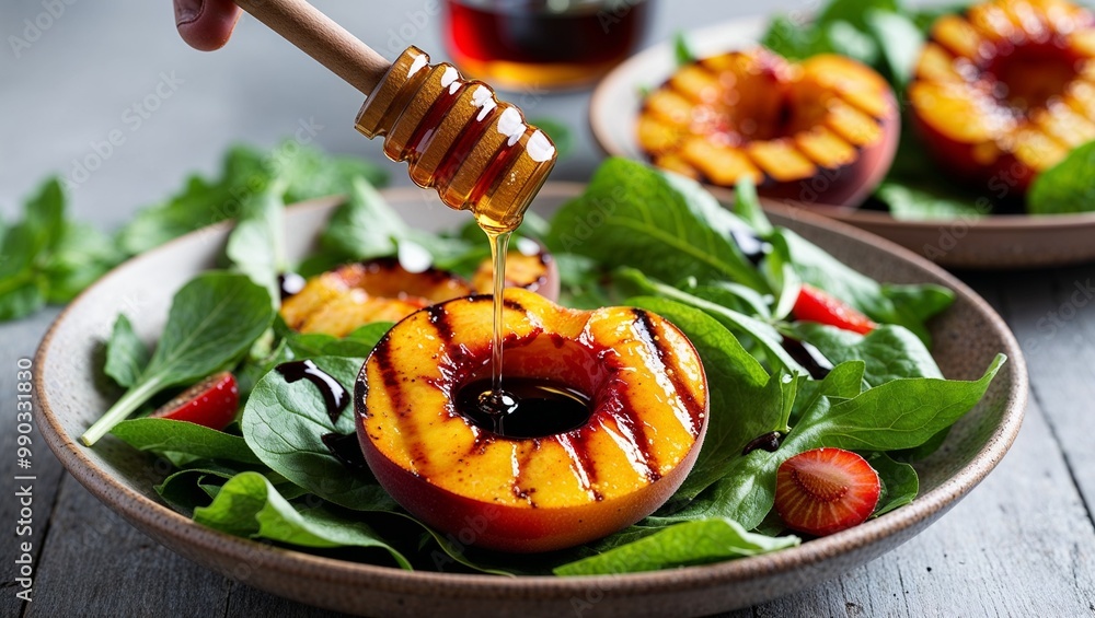 Canvas Prints Grilled peach salad with honey balsamic closeup