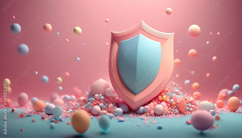 Poster a colorful shield surrounded by soft, pastel spheres, creating a whimsical and playful visual theme.