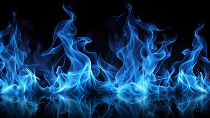 Abstract blue flames dancing on a black background, reflected in a still surface