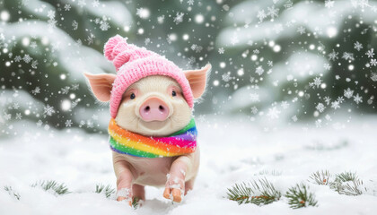 A cute piglet wearing a pink hat and a rainbow scarf plays in the snow, surrounded by falling snowflakes and evergreen trees.