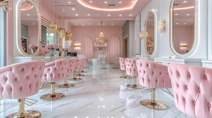 A beautiful layout of multi color pink salon with marble floors that had gold and white trims include tufted salon booth chairs with styling stations and a receptionist desk.