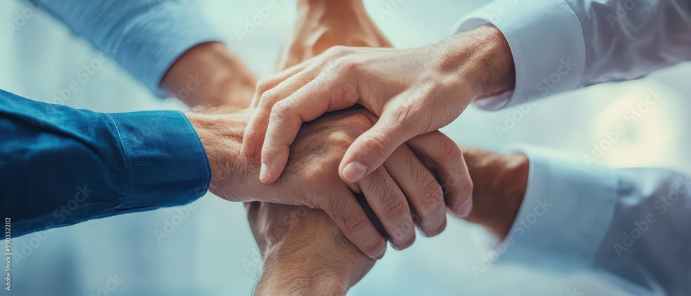 Poster teamwork and collaboration concept with diverse hands stacking together in unity.
