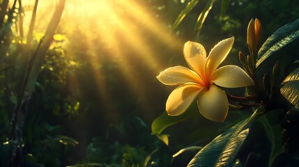 A Single Plumeria Blossom Illuminated by Golden Sunlight in a Lush Green Tropical Forest