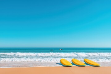 Obraz premium Three yellow surfboards lined up on a sandy beach against a clear blue sky.