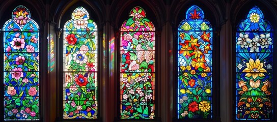 Row of stained glass windows with different floral patterns, each window filled with vibrant colors and intricate designs. Church or chapel. Wedding worship or religious setting