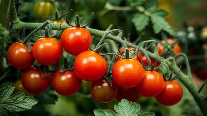 Ripe cherry tomatoes on vine closeup