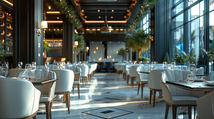 Luxury restaurant, banquet hall with table and appliances in elite.
