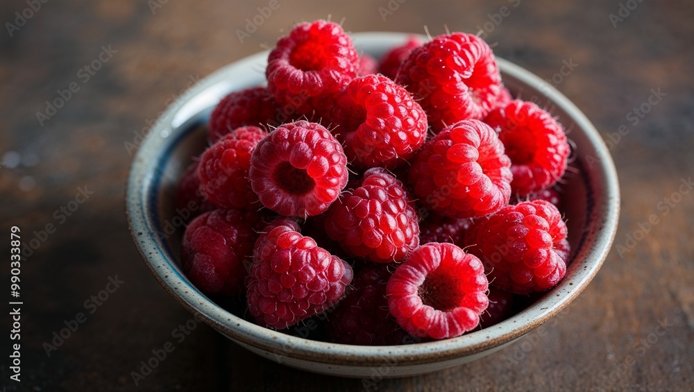 Canvas Prints Ripe raspberries in a ceramic bowl closeup