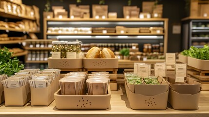 Fototapeta premium Sustainable packaging for a food product made from biodegradable materials displayed in a store
