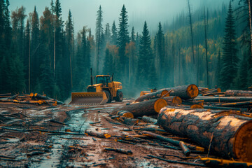 Stack of freshly cut logs in a forest with sunlight filtering through trees. Concept of forestry and wood industry
