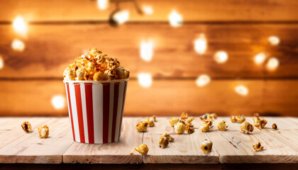 Tasty popcorn on wooden background. Cinema and entertainment concept. Movie night with popcorn. Cheese and caramel popcorn.
