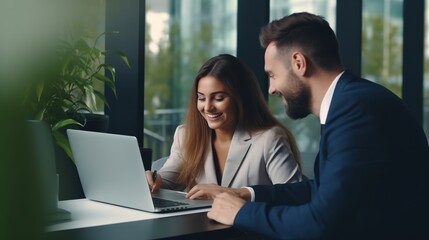 Two professionals, a man and a woman, share a happy moment while working together at a laptop in a modern office with green plants and large windows in the background.