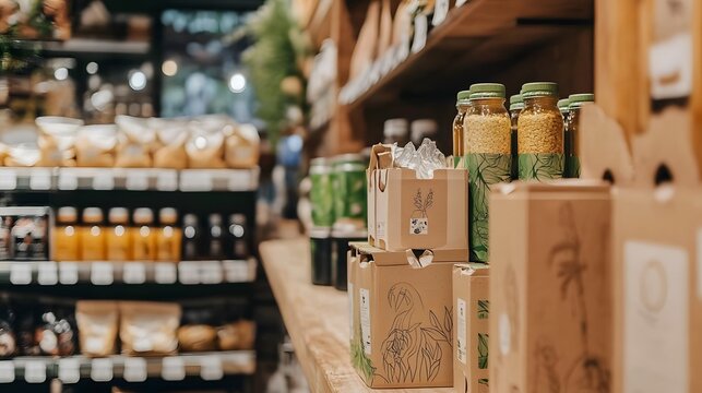 200. Eco-friendly packaging for a beverage product made from sustainable materials displayed in a store