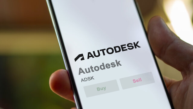 April 09th 2024 , San Francisco, California. Close up on logo of Autodesk on the screen of an exchange. Autodesk price stocks, $ADSK on a device.