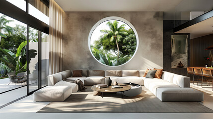 Open-plan living room interior design with a unique circular window, acting as a focal point behind the modular sofa and modern coffee table.