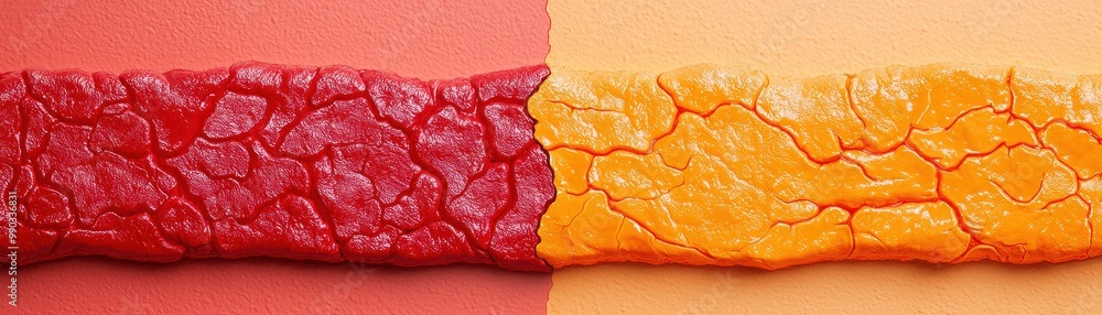 Poster vibrant textures of red and orange clay side by side, showcasing unique patterns and colors for arti