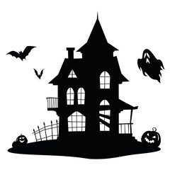 A lonely silhouette of an old house surrounded by bats, pumpkins and ghosts, conveying an atmosphere of fear and mysticism.