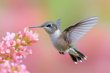 Fototapeta premium Hummingbird Feeding on Pink Flowers