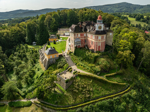 Aerial drone view of Castle Jansky Vrch in Javornik. The Jansky Vrch State Chateau on a rocky hill above the town of Javornik, located in the Czech Republic in Moravia. Javornik in summer drone fly...