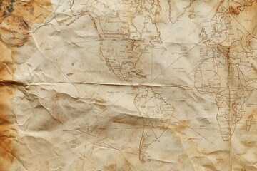 Vintage world map on aged, textured paper, sepia tone, antique geography concept.