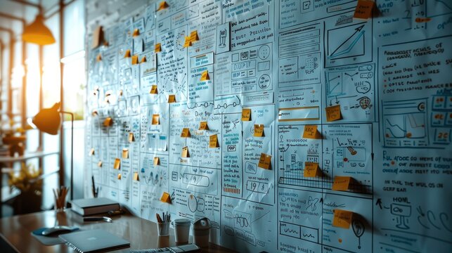 Whiteboard filled with notes summarizing key takeaways from a productive month. a whiteboard densely filled with handwritten notes, sketches, and charts, summarizing the key takeaways.