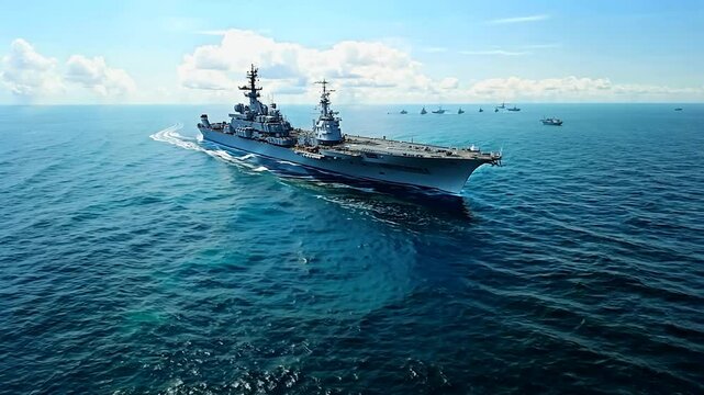 A naval fleet maneuvers expertly through calm waters, showcasing coordination during a military exercise under a brilliant sky, with several vessels in the distance