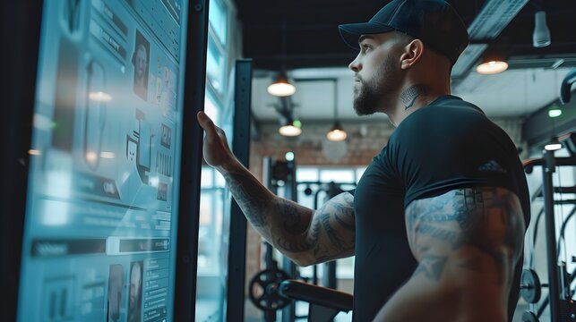 Muscular Personal Trainer Offering Motivational Support with Digital Workout Plan Display