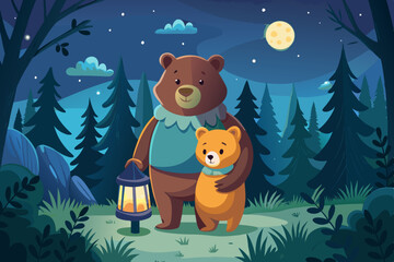 A bear with its baby holding a lantern EDITABLE VECTOR ILLUSTRATION