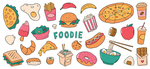 Junk food, snacks, fast food doodles, cartoon elements for stickers, prints, posters, cards, banners, etc. EPS 10